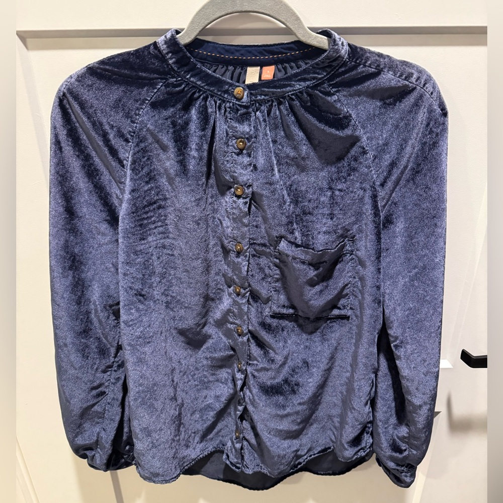 Anthropologie Pilcro Navy Velvet Button Front Blouse Small